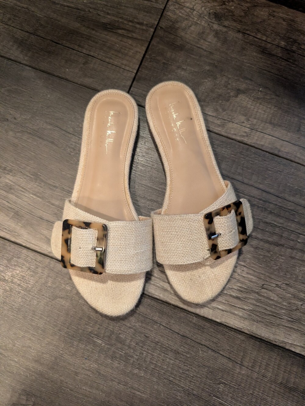 Nicole Miller Natural Beige Slide Sandals with Tortoiseshell Buckle - Picture 1 of 5